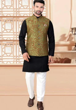 Woven Art Silk Jacquard Nehru Jacket in Green and Brown