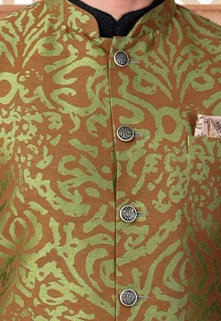 Woven Art Silk Jacquard Nehru Jacket in Green and Brown
