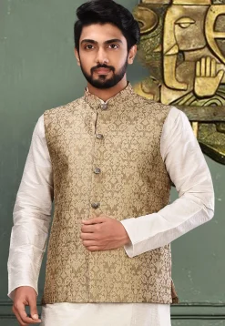 Woven Art Silk Jacquard Nehru Jacket in Beige