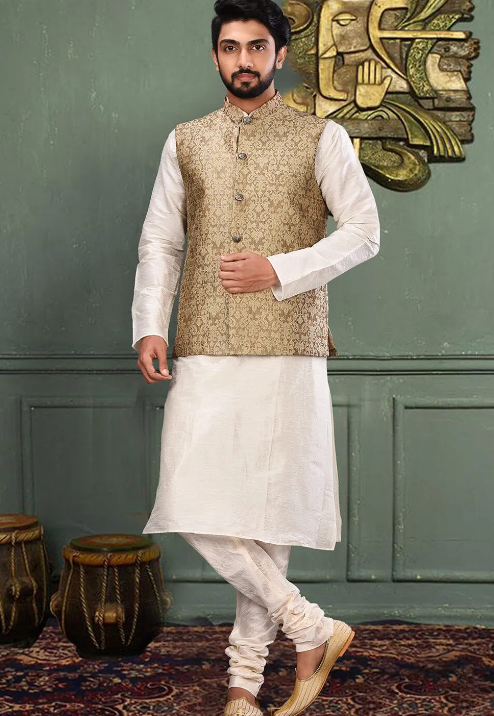 Woven Art Silk Jacquard Nehru Jacket in Beige