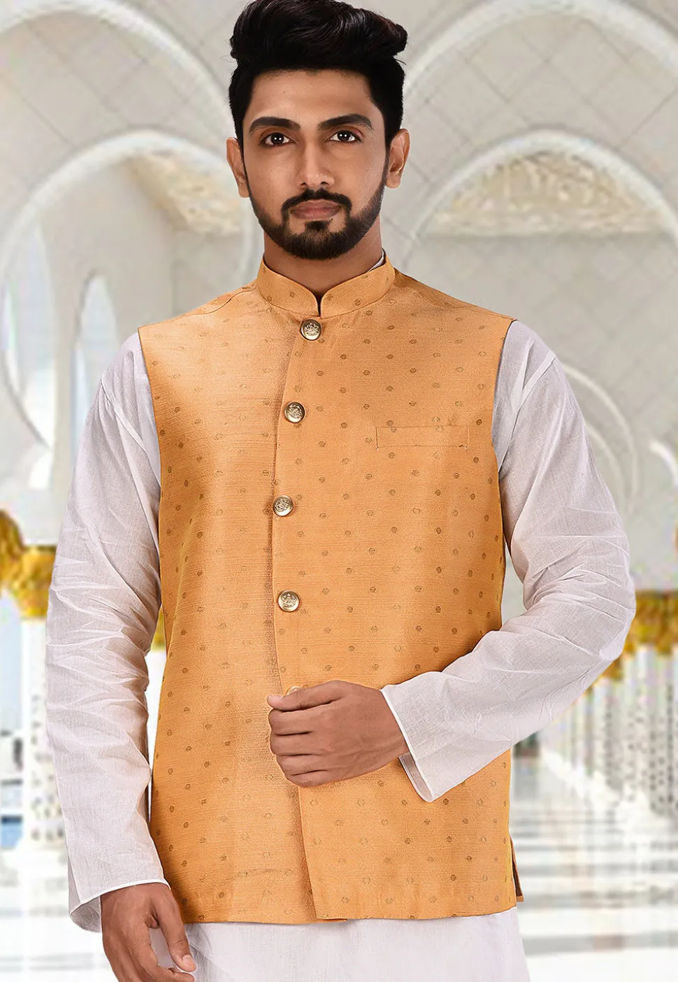 Woven Art Silk Jacquard Nehru Jacket in Peach