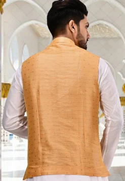 Woven Art Silk Jacquard Nehru Jacket in Peach