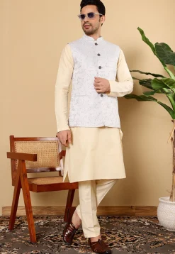 Woven Art Silk Jacquard Nehru Jacket in Light Blue