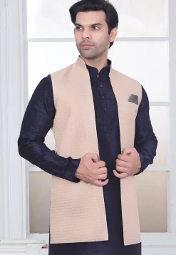 Woven Art Silk Jacquard Nehru Jacket in Peach