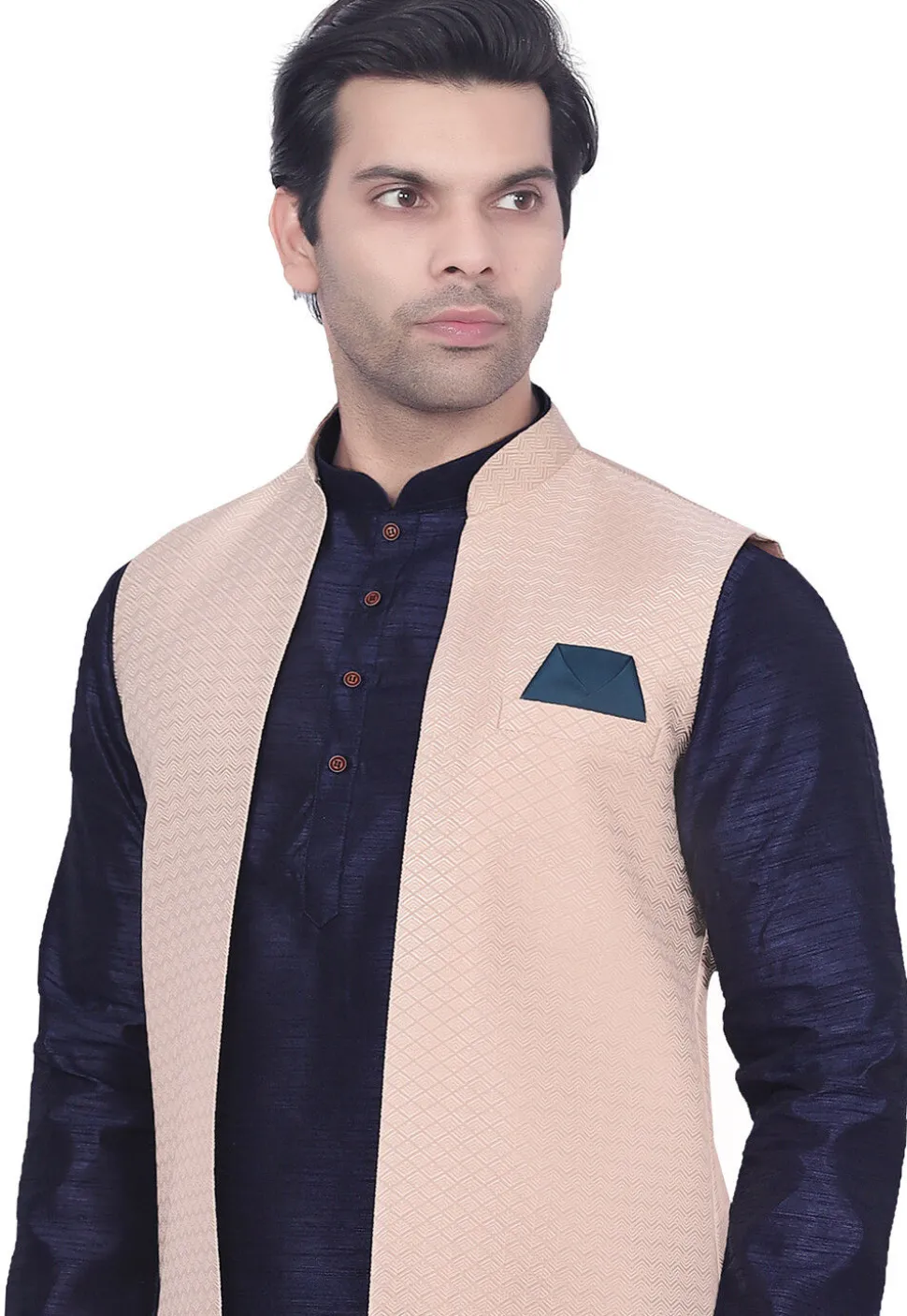 Woven Art Silk Jacquard Nehru Jacket in Peach