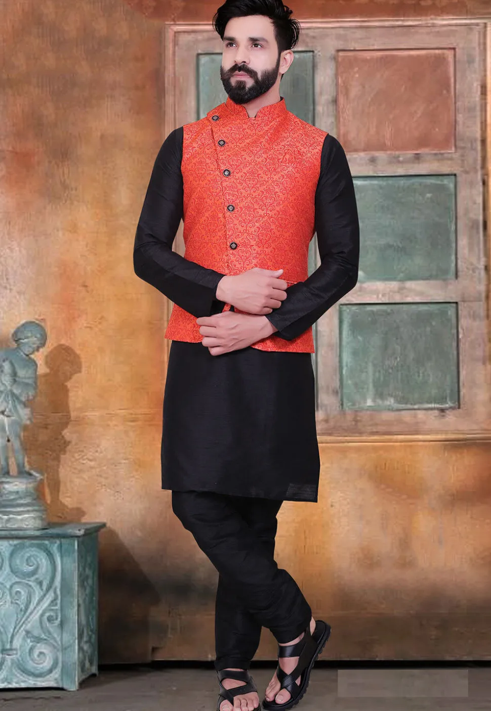 Woven Art Silk Jacquard Nehru Jacket in Red