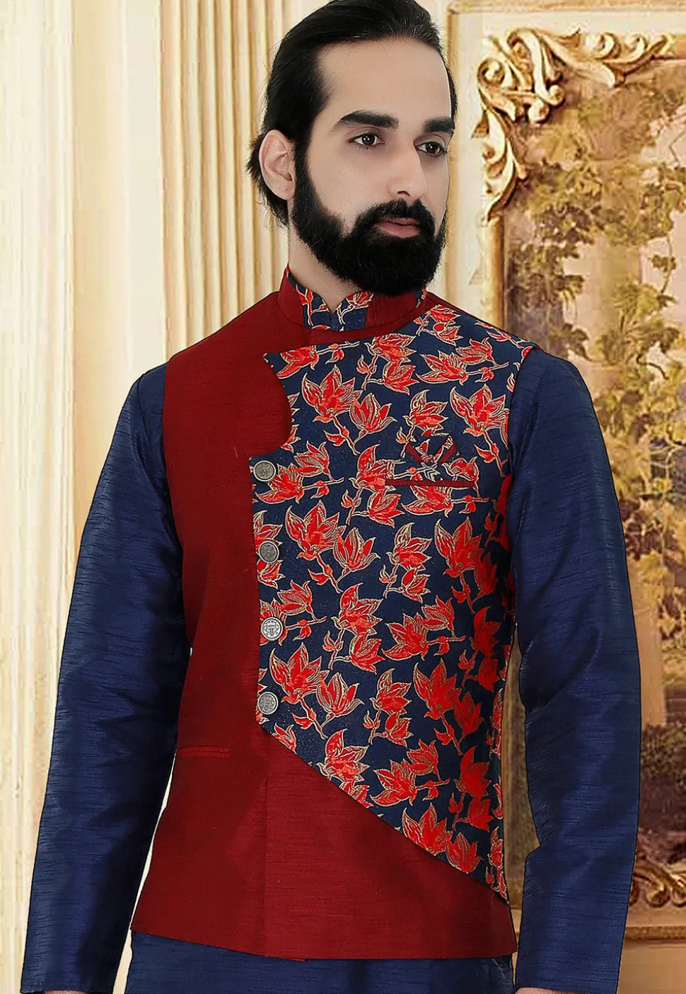 Woven Art Silk Jacquard Over Lapped Jacket in Red and Blue