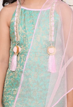 Woven Art Silk Jacquard Punjabi Suit in Teal Green