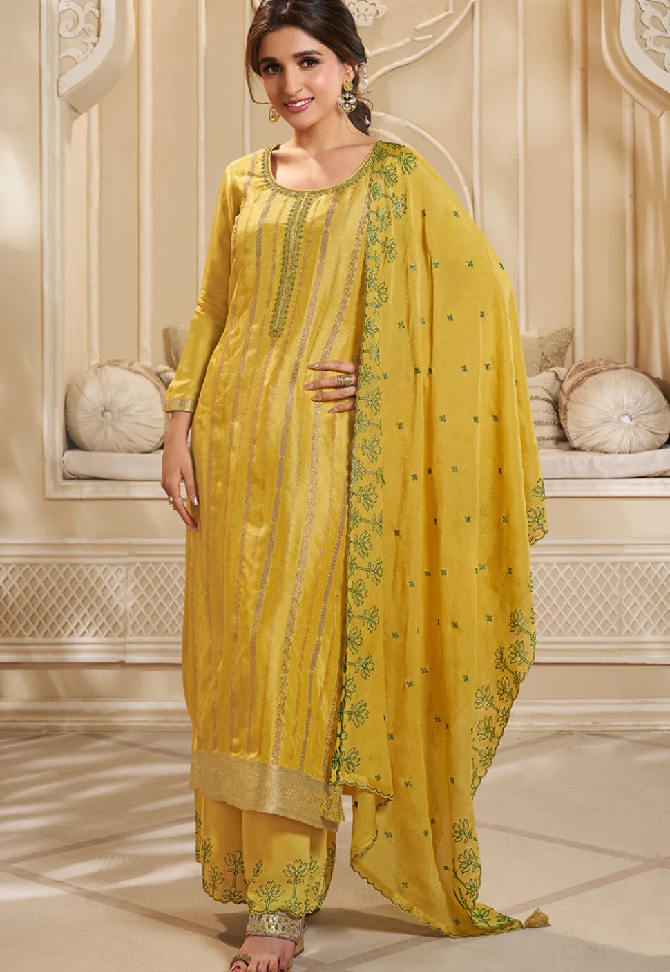 Woven Art Silk Jacquard Pakistani Suit in Yellow