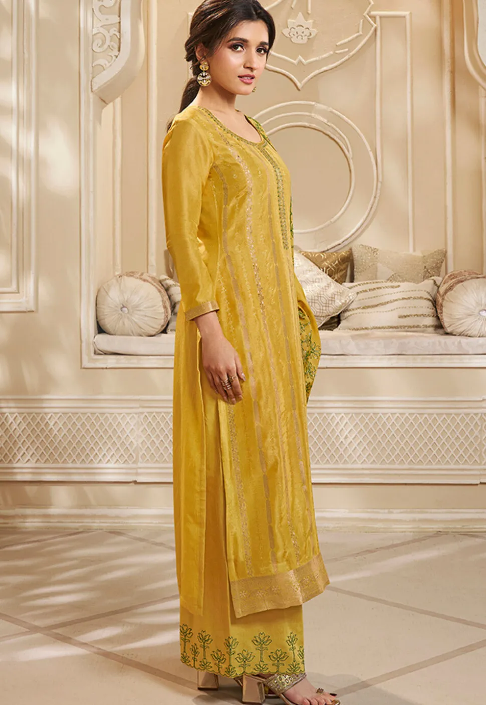 Woven Art Silk Jacquard Pakistani Suit in Yellow
