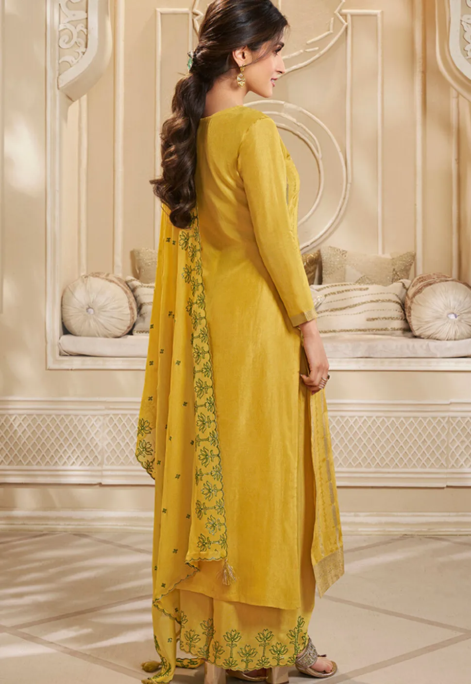 Woven Art Silk Jacquard Pakistani Suit in Yellow