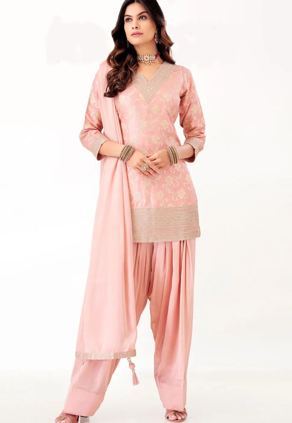 Woven Art Silk Jacquard Punjabi Suit in Peach