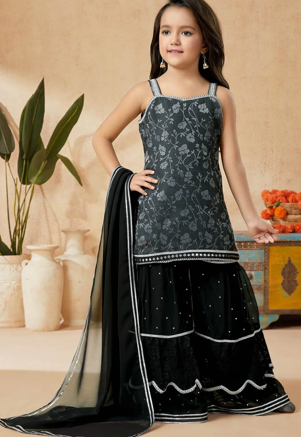 Woven Art Silk Jacquard Pakistani Suit in Charcoal