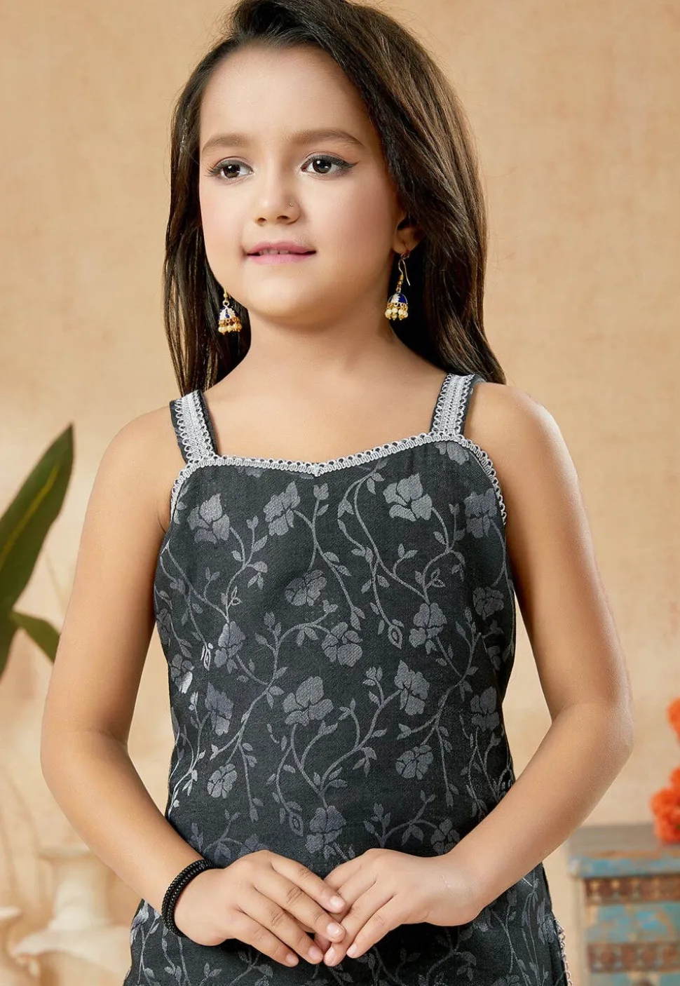 Woven Art Silk Jacquard Pakistani Suit in Charcoal