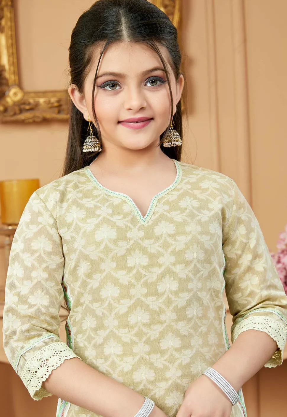 Woven Art Silk Jacquard Pakistani Suit in Beige