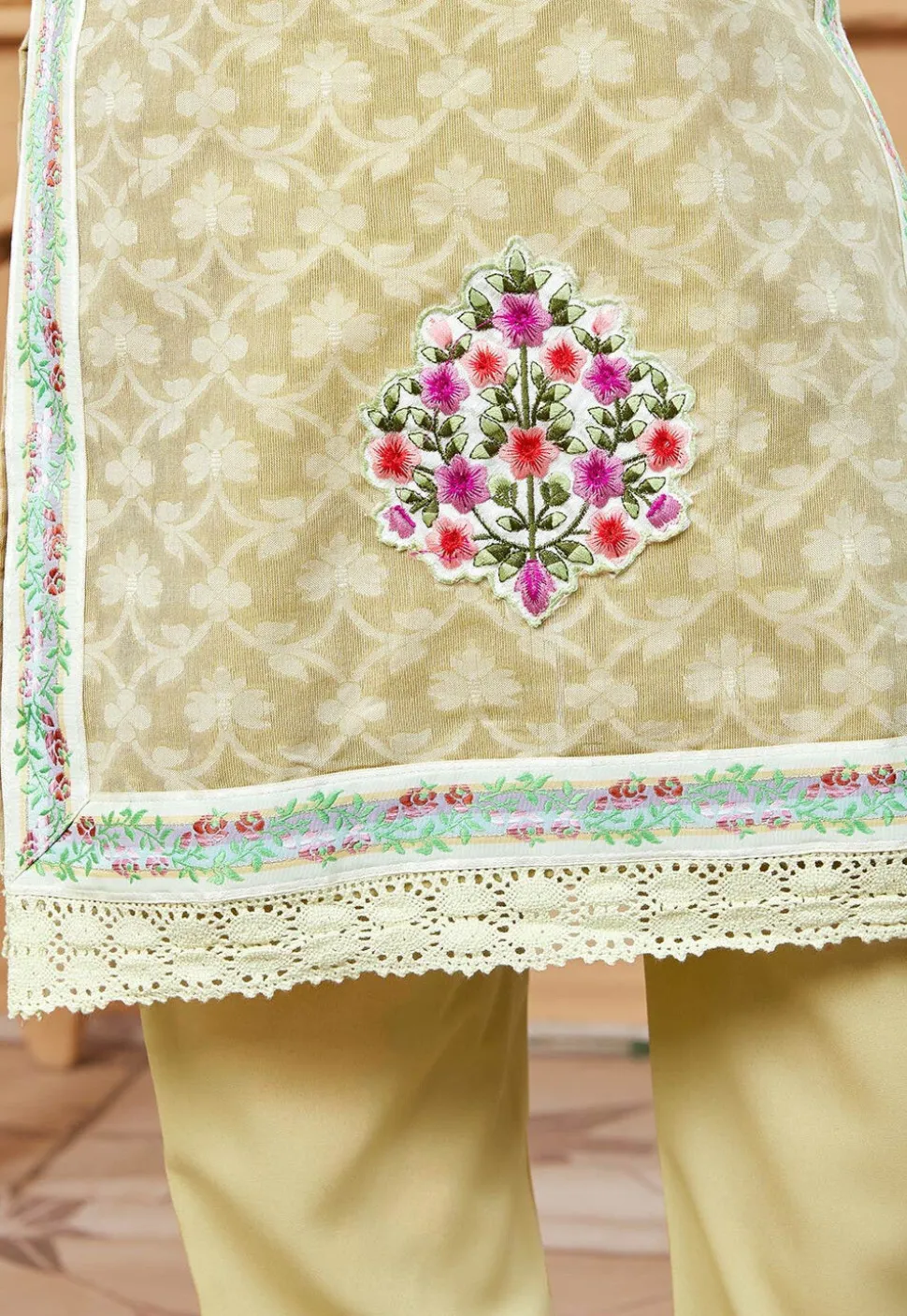 Woven Art Silk Jacquard Pakistani Suit in Beige