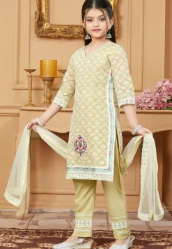 Woven Art Silk Jacquard Pakistani Suit in Beige