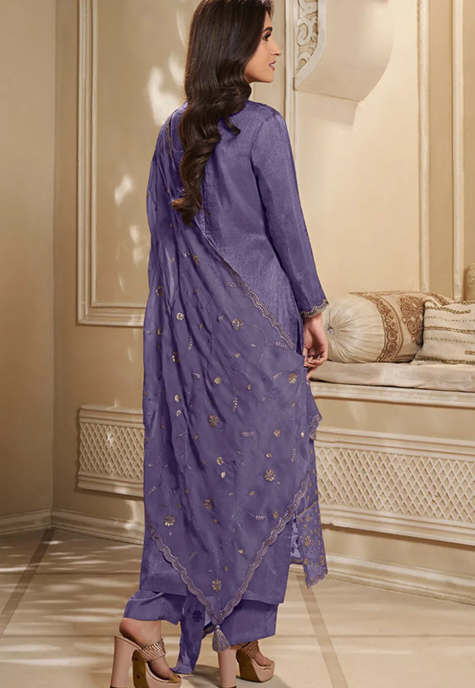 Woven Art Silk Jacquard Pakistani Suit in Indigo Blue
