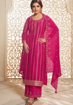 Woven Art Silk Jacquard Pakistani Suit in Fuchsia