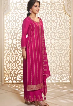 Woven Art Silk Jacquard Pakistani Suit in Fuchsia