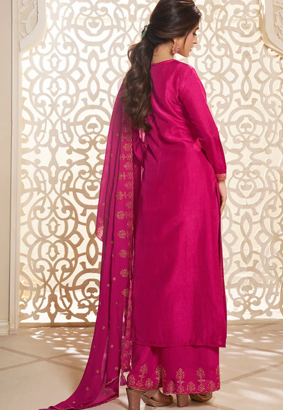Woven Art Silk Jacquard Pakistani Suit in Fuchsia
