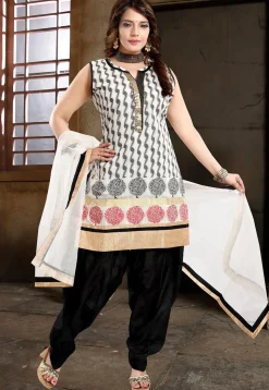 Woven Art Silk Jacquard Punjabi Suit in White and Black