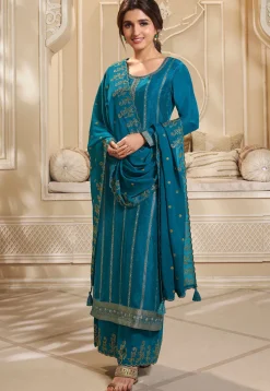 Woven Art Silk Jacquard Pakistani Suit in Teal Blue