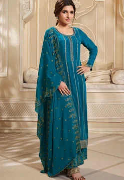 Woven Art Silk Jacquard Pakistani Suit in Teal Blue