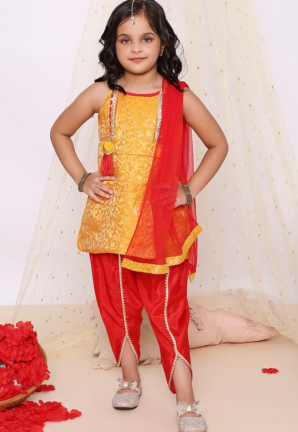 Woven Art Silk Jacquard Punjabi Suit in Yellow