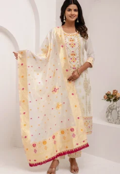 Woven Art Silk Jacquard Pakistani Suit in Off White