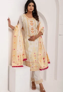 Woven Art Silk Jacquard Pakistani Suit in Off White