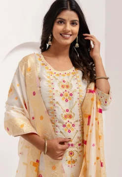 Woven Art Silk Jacquard Pakistani Suit in Off White