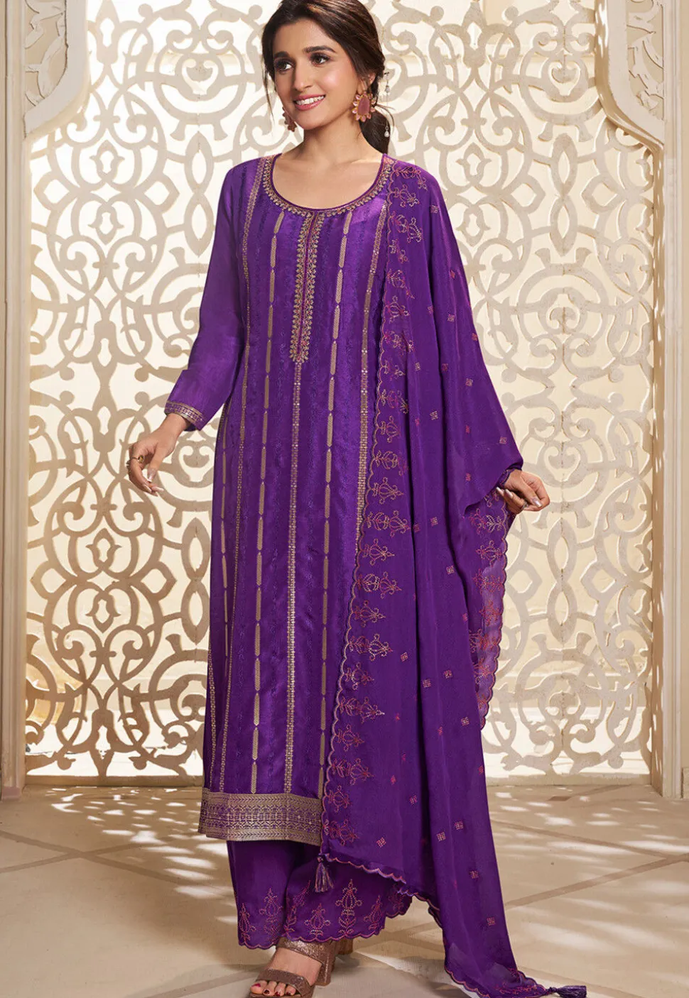 Woven Art Silk Jacquard Pakistani Suit in Purple
