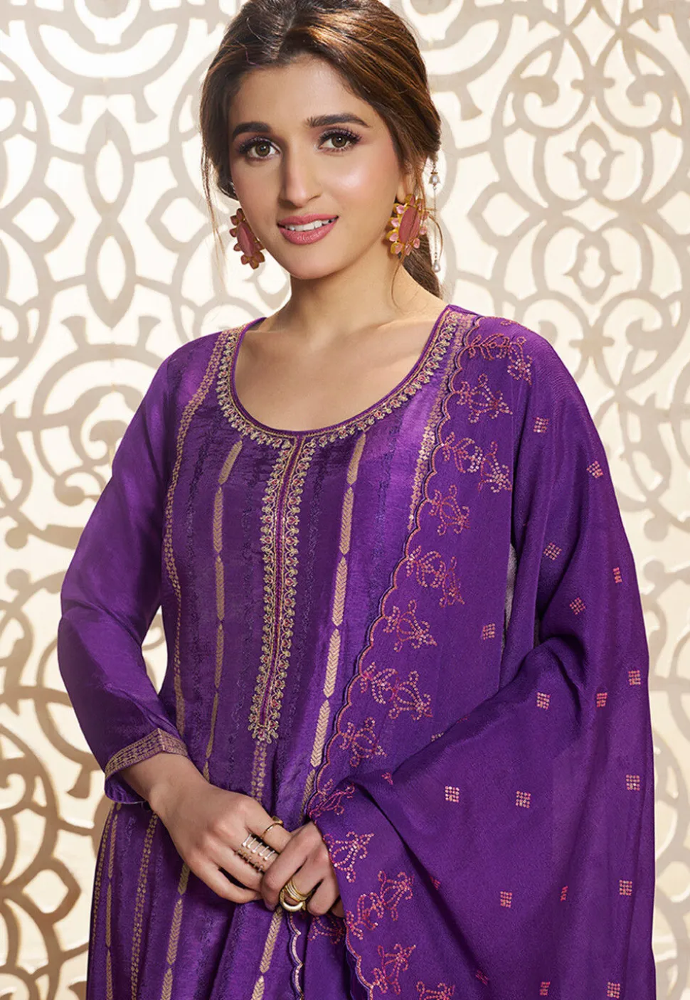 Woven Art Silk Jacquard Pakistani Suit in Purple