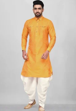 Woven Art Silk Jacquard Pathani Suit in Mustard