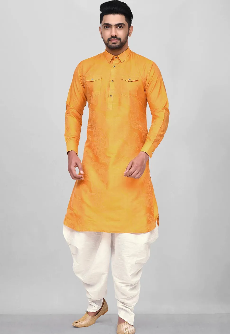 Woven Art Silk Jacquard Pathani Suit in Mustard