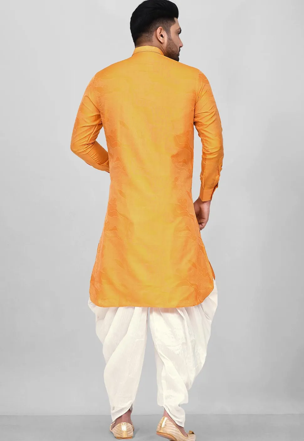 Woven Art Silk Jacquard Pathani Suit in Mustard