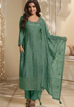 Woven Art Silk Jacquard Pakistani Suit in Dusty Green