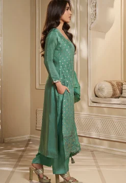 Woven Art Silk Jacquard Pakistani Suit in Dusty Green