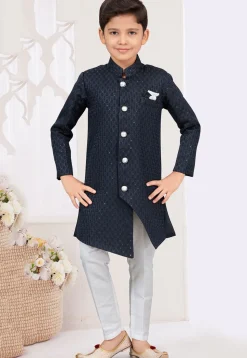 Woven Art Silk Jacquard Sherwani in Navy Blue