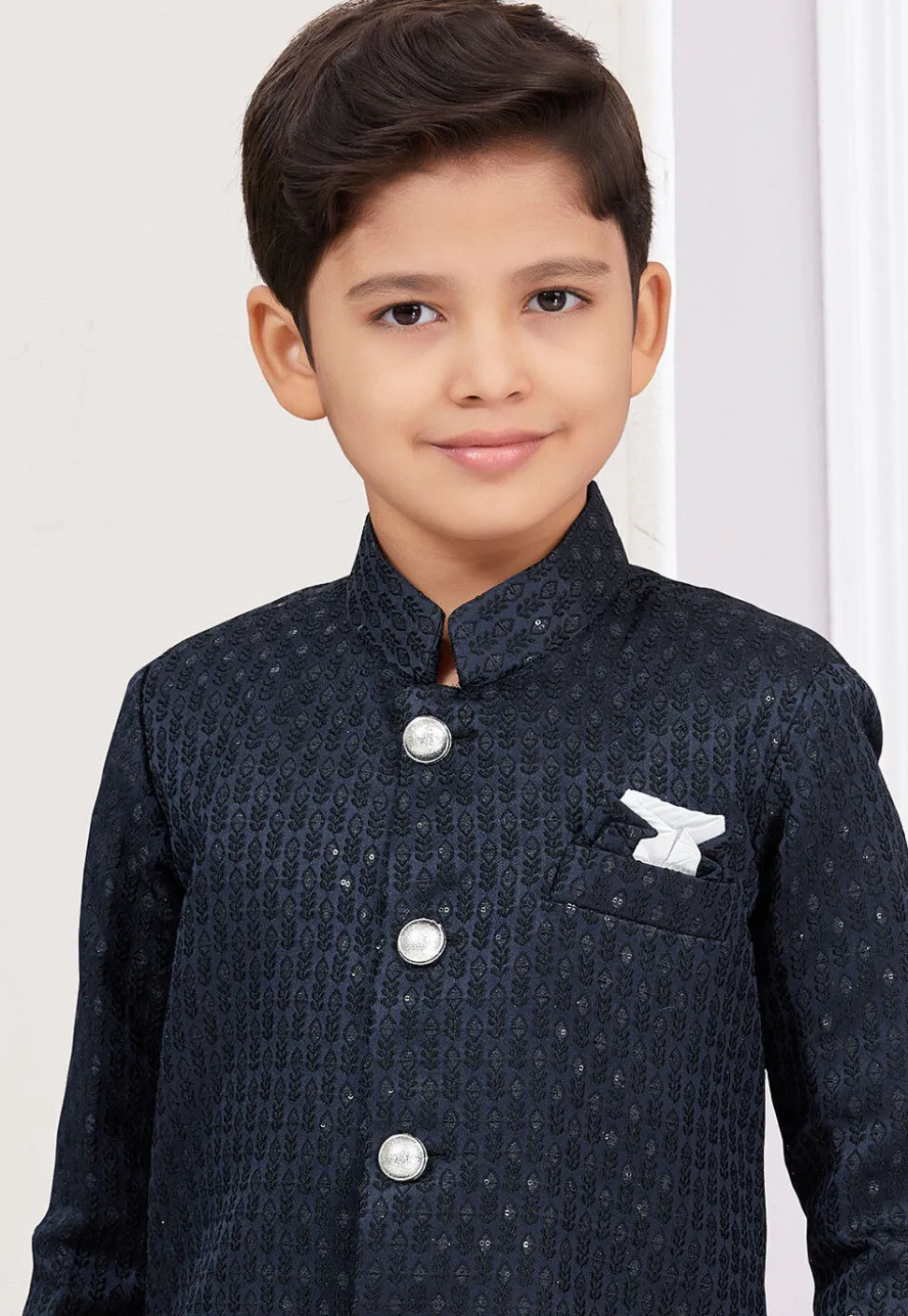 Woven Art Silk Jacquard Sherwani in Navy Blue