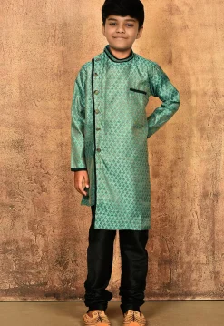 Woven Art Silk Jacquard Sherwani Set in Light Teal Green