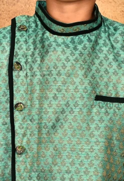 Woven Art Silk Jacquard Sherwani Set in Light Teal Green