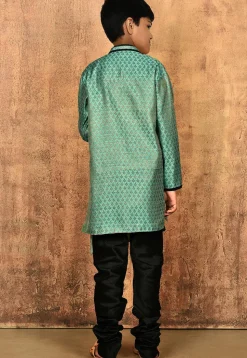 Woven Art Silk Jacquard Sherwani Set in Light Teal Green