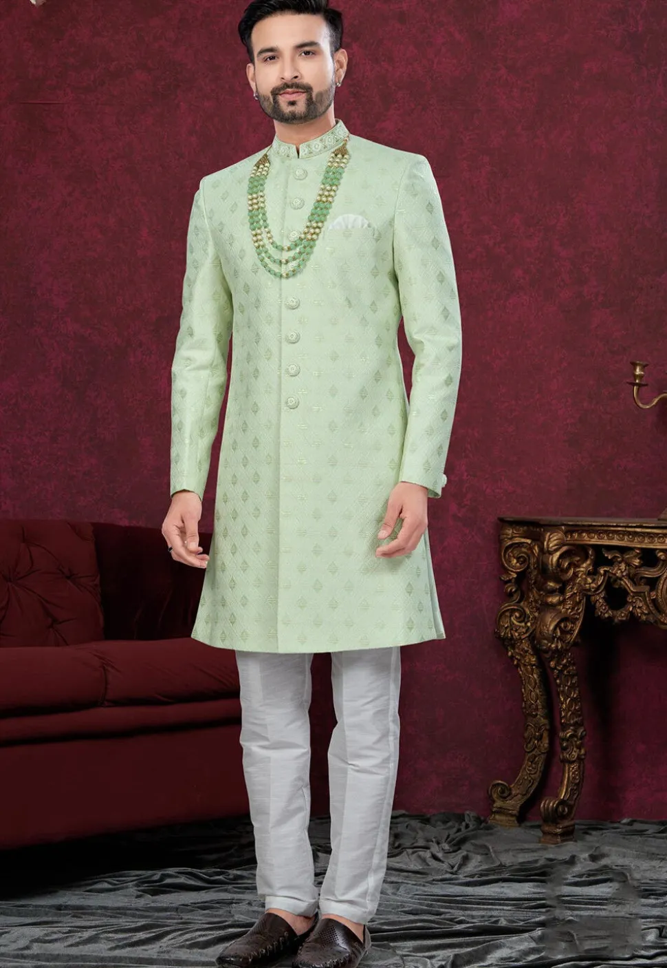 Woven Art Silk Jacquard Sherwani in Light Green