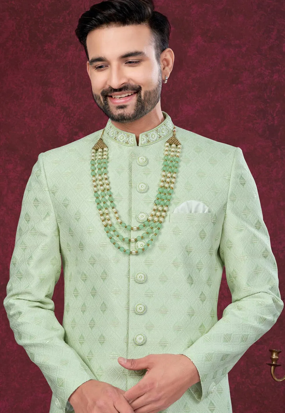 Woven Art Silk Jacquard Sherwani in Light Green