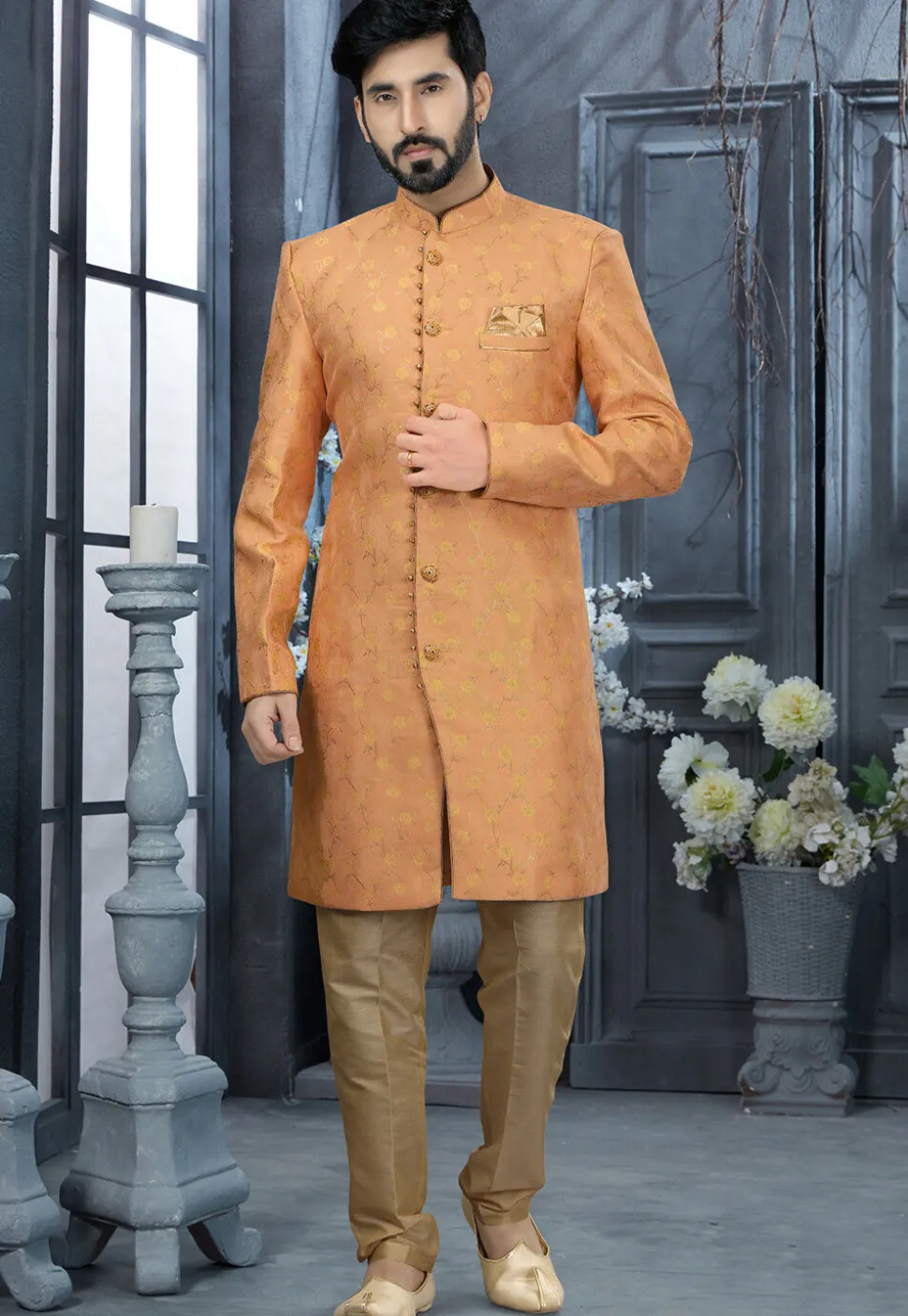 Woven Art Silk Jacquard Sherwani in Peach