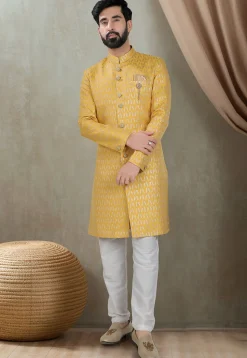 Woven Art Silk Jacquard Sherwani in Yellow