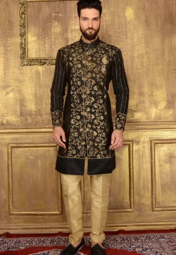 Woven Art Silk Jacquard Sherwani in Black