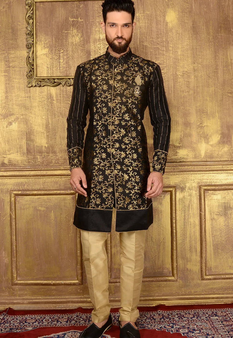 Woven Art Silk Jacquard Sherwani in Black